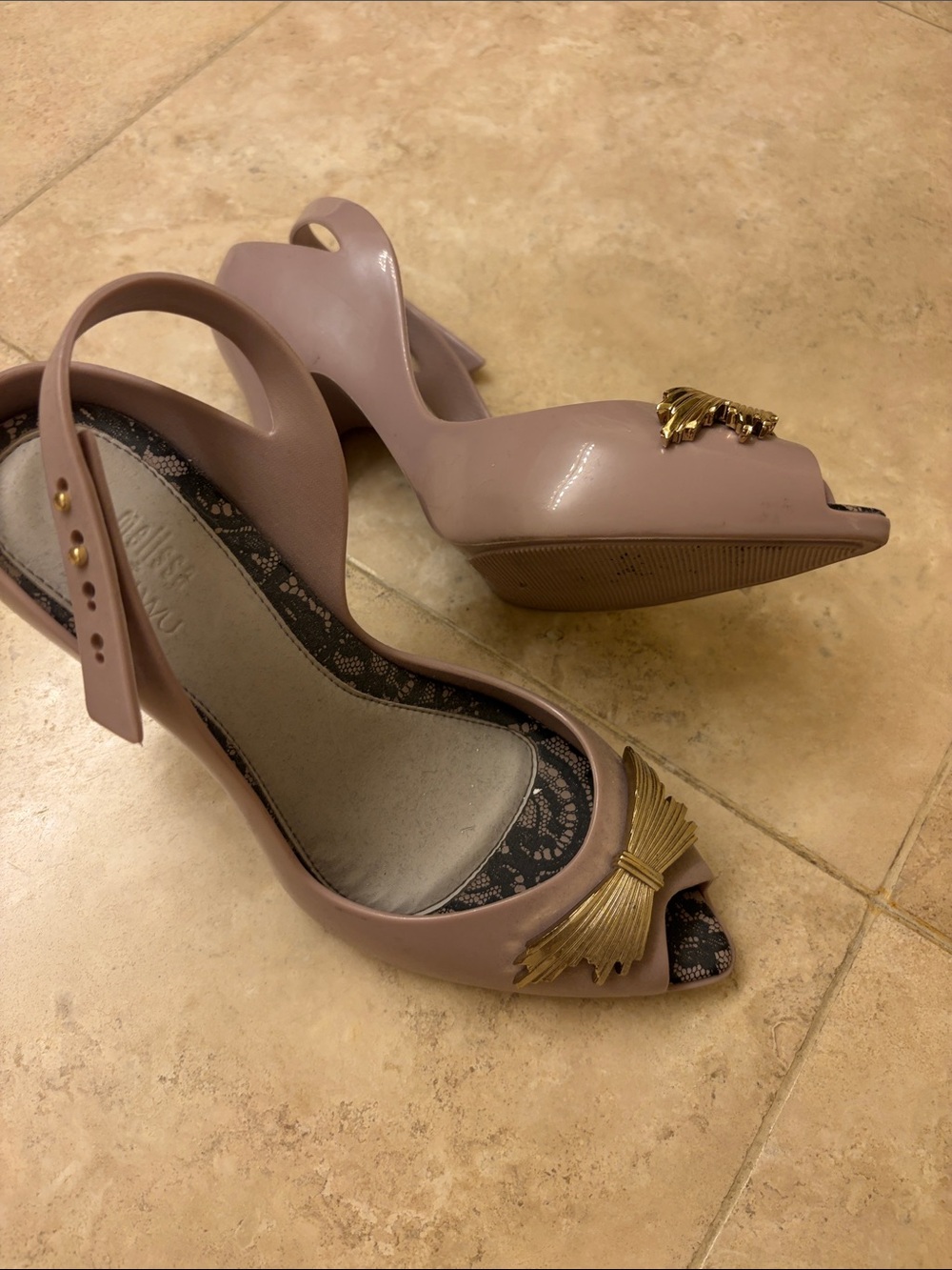 Melissa Blush Pink Peep-Toe Slingback Heels with Gold Bow